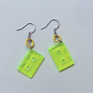 Neon yellow cassette tape earrings,‎ sterling plated nwt